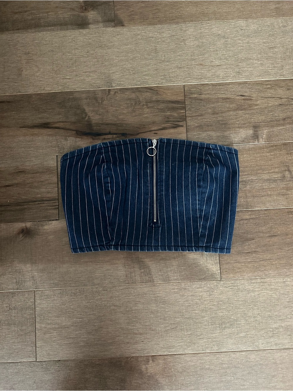 Kendall & Kylie Navy Pinstripe Strapless Denim Crop Top with Front Zip